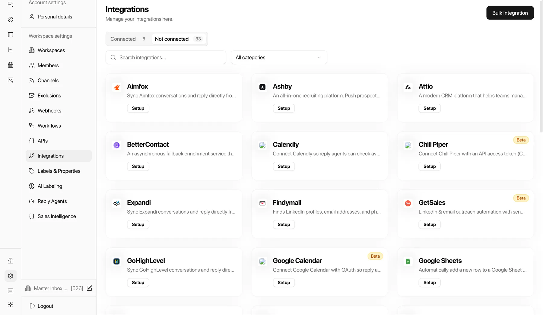 The integrations catalog inside Master Inbox, where Aimfox and Slack get connected